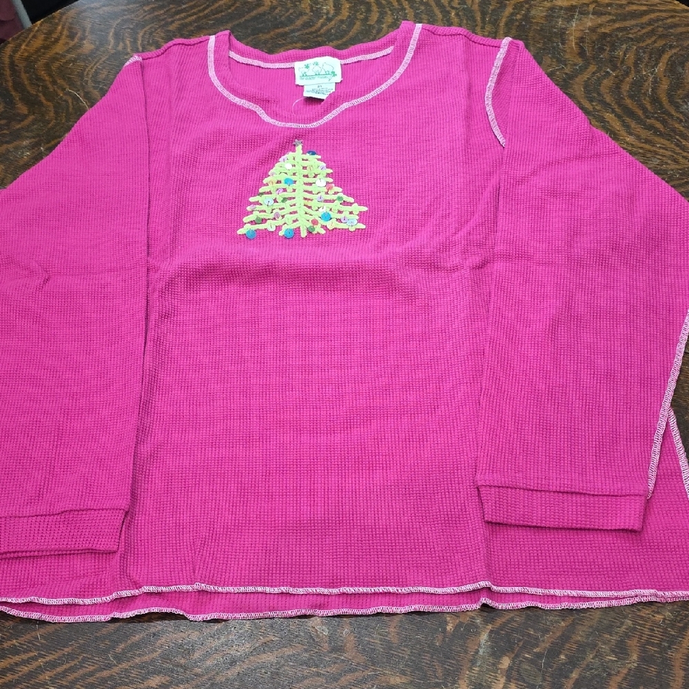 Quacker Factory Fuchsia Long Sleeve Thermal Top with Holiday Tree Embroidery